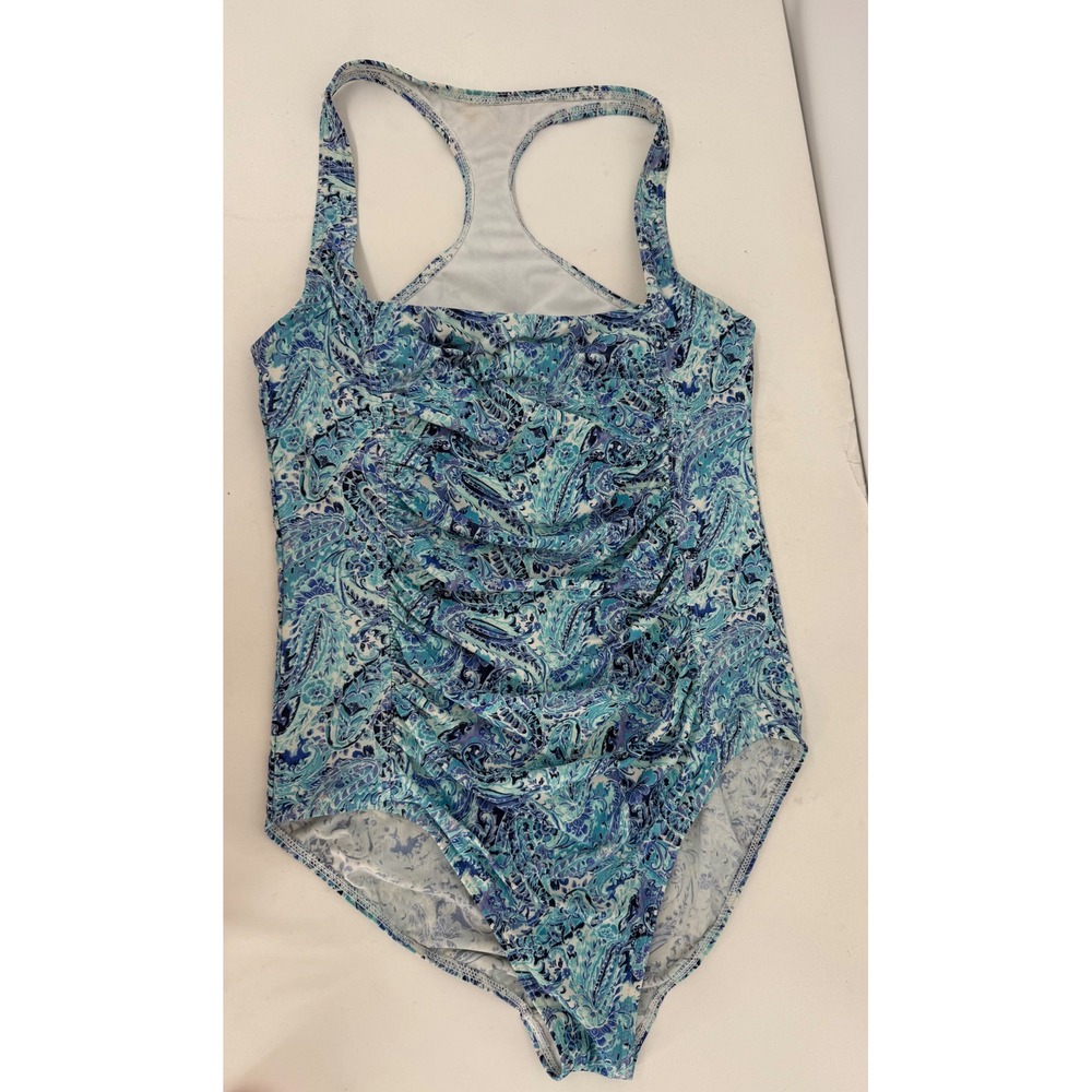 Mazu‎ Swim Womens One Piece Swimsuit Blue Paisley Ruched Racerback Tummy Sz  12